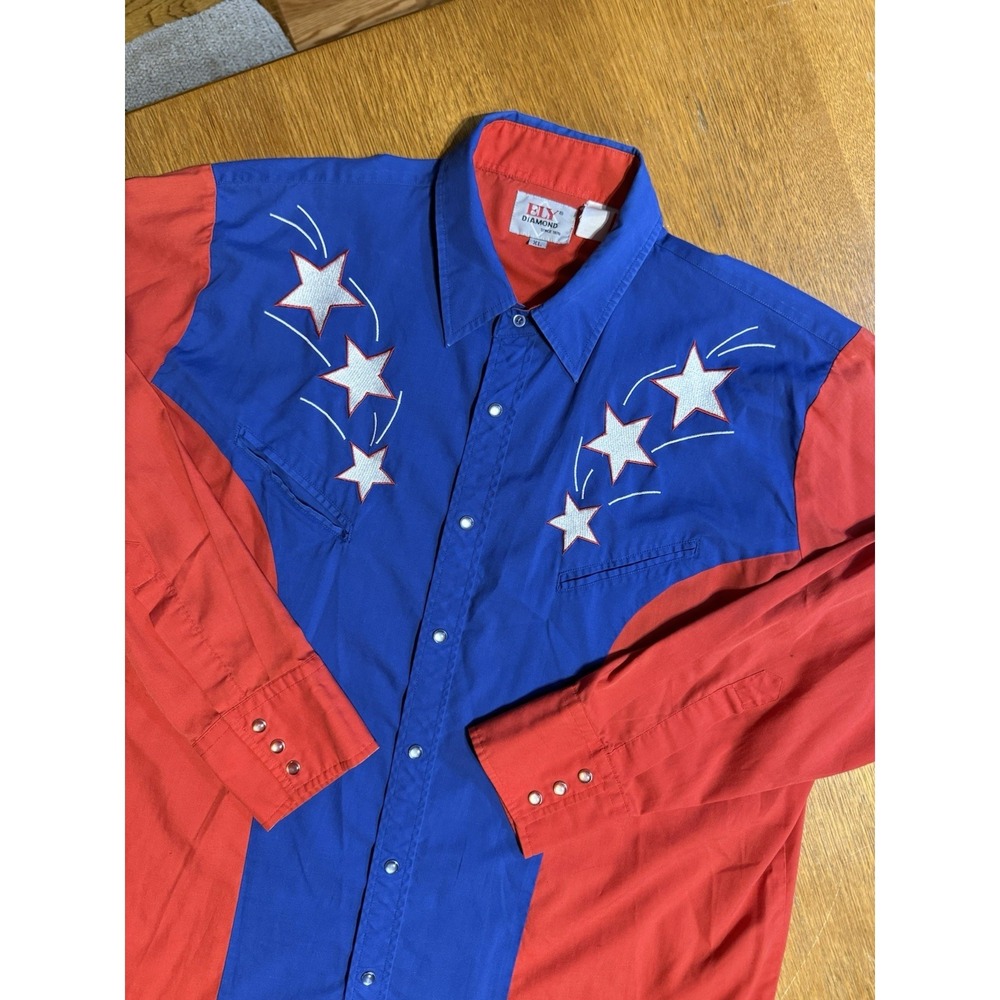 ELY Diamond Western Shirt XL Red Blue Patriotic Stars Pearl Snap Cowboy Rodeo